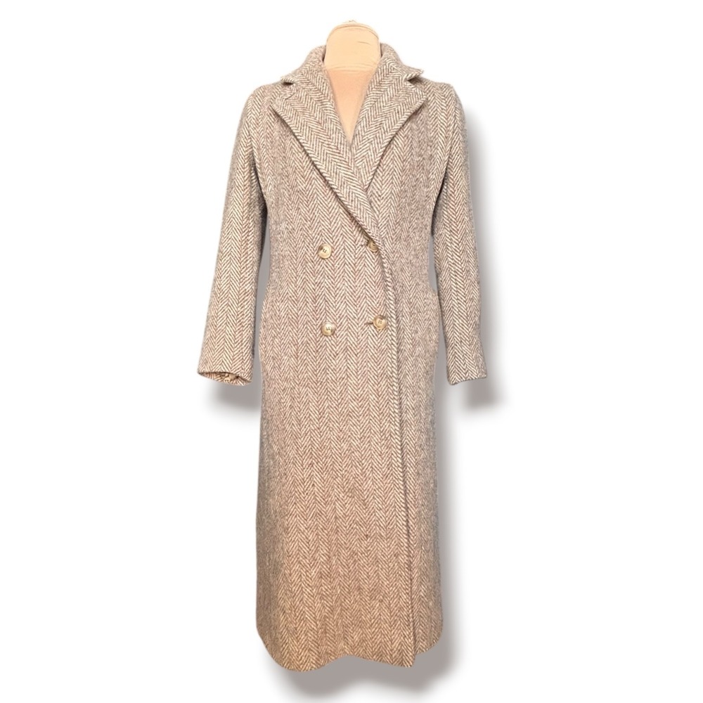 Vintage Longline Wool Herringbone Maxi Coat Double Breasted Dark Academia Laer